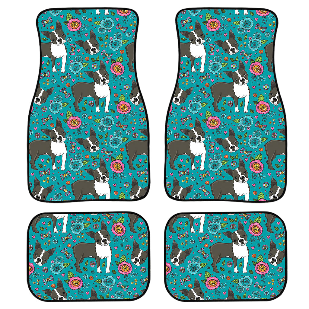 Cartoon Boston Terrier Flower Print Front And Back Car Floor Mats, Front Car Mat