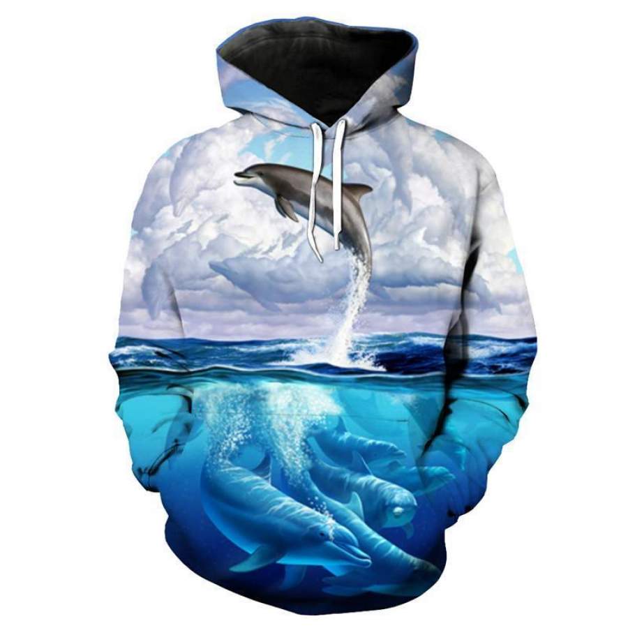 Cool Flying Dolphin Print Sportswear Latest Fashion Hooded Sweatshirt