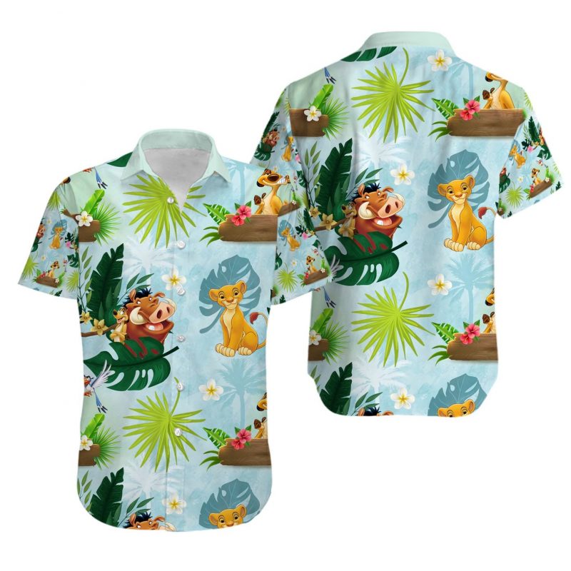 Simba Blue Lion Hawaiian Graphic Print Short Sleeve Hawaiian Casual Shirt