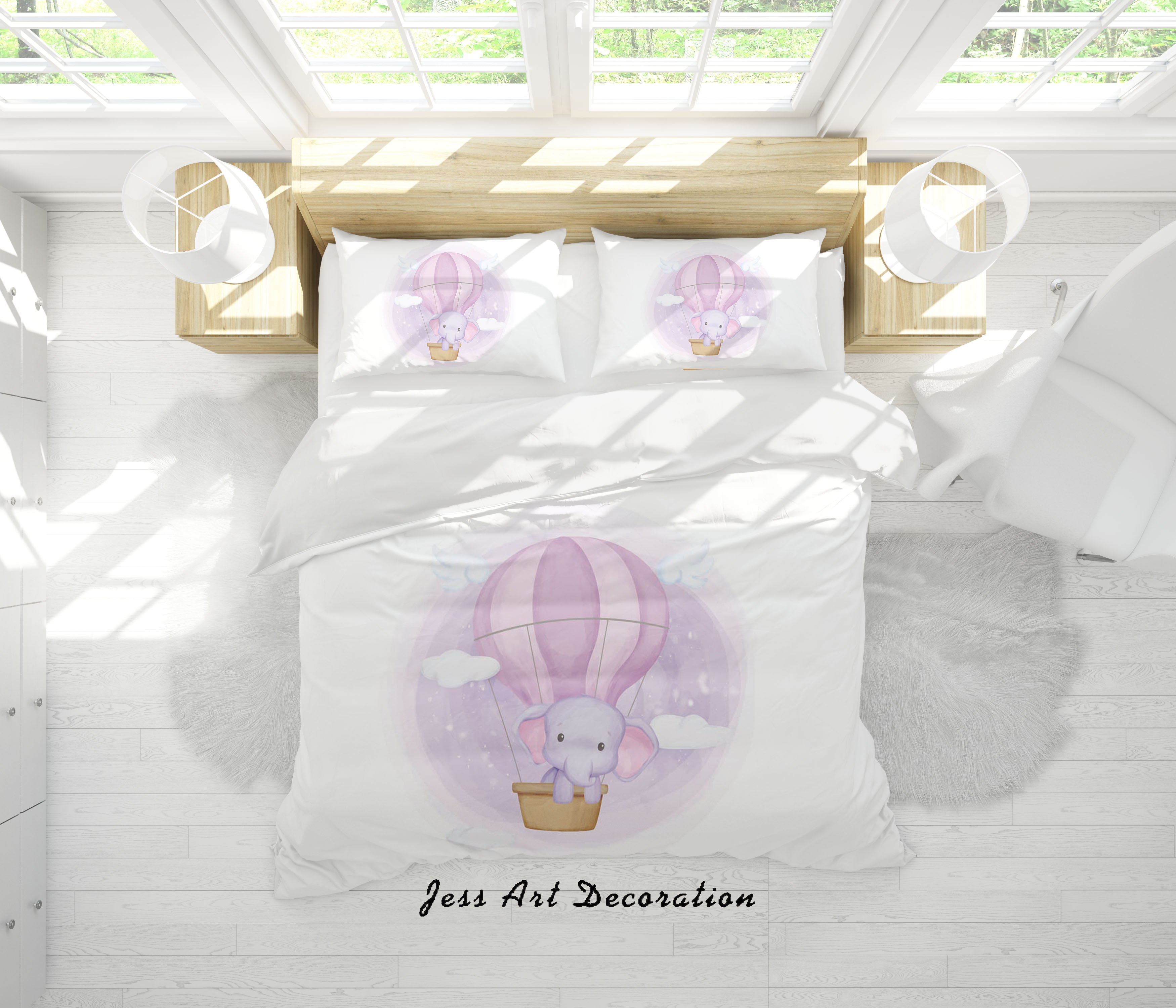 3D White Purple Elephant Hot Air Balloon Quilt Cover Set Bedding Set Duvet Cover Pillowcases Sf03