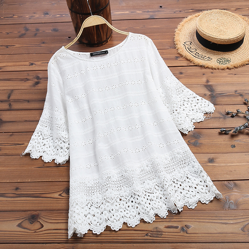 Women’s Embroidery Blouse 2022 ZANZEA Elegant Lace Tops Summer Hollow Blusas Female Long Sleeve Shirts Solid Tunic Plus Size alx