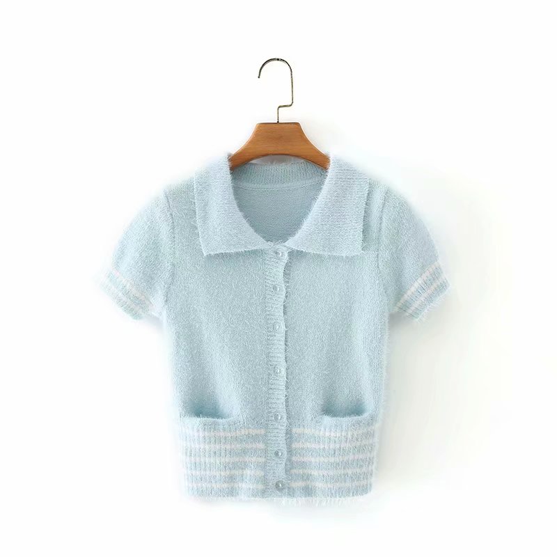 Cardigan Women Knitted Vintage Sweater Cute Tops Short Sleeve Button Up Cardigan Striped Sweater French Elegant Top Pocket 2021 alx