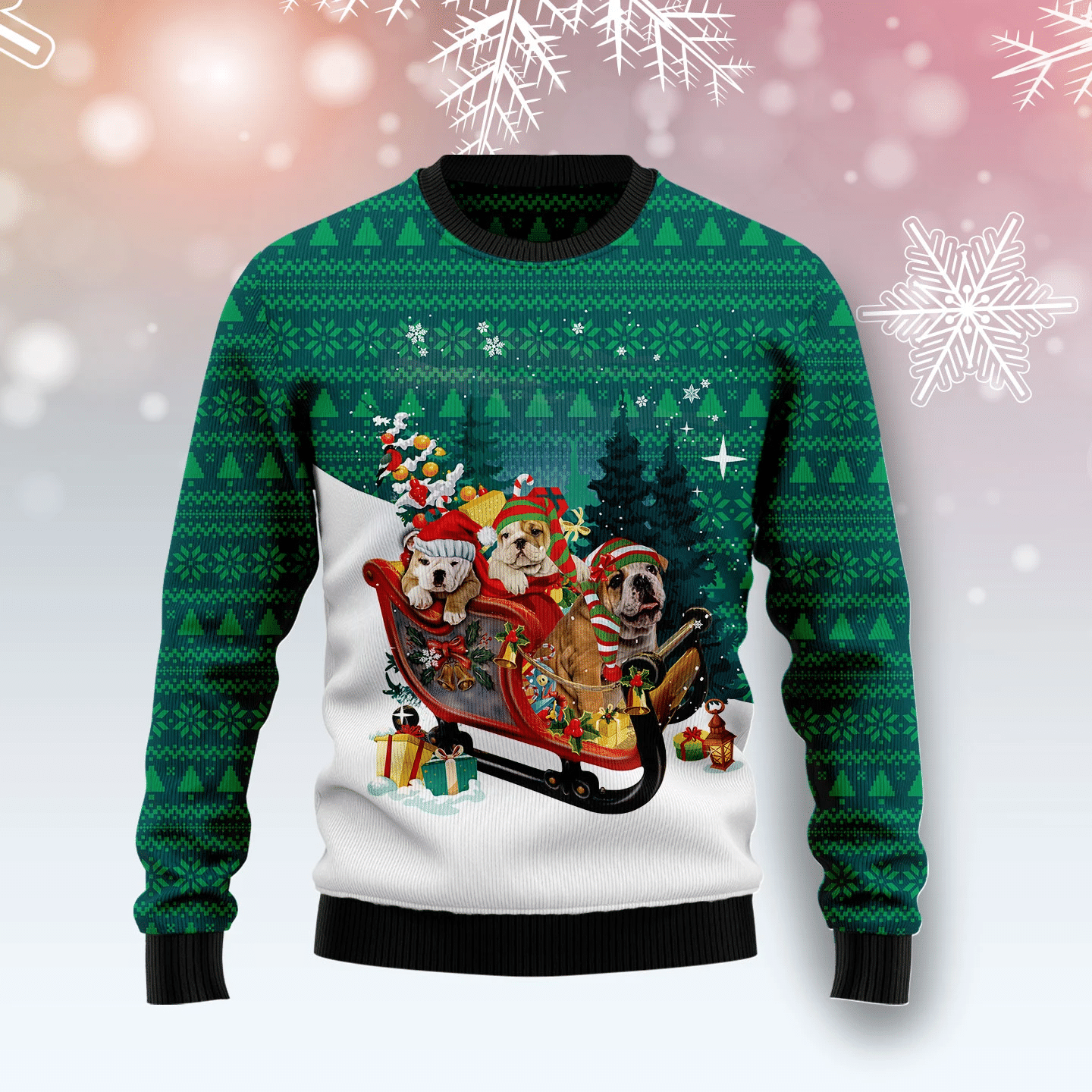 Bulldog Sleigh Christmas Ugly Sweater