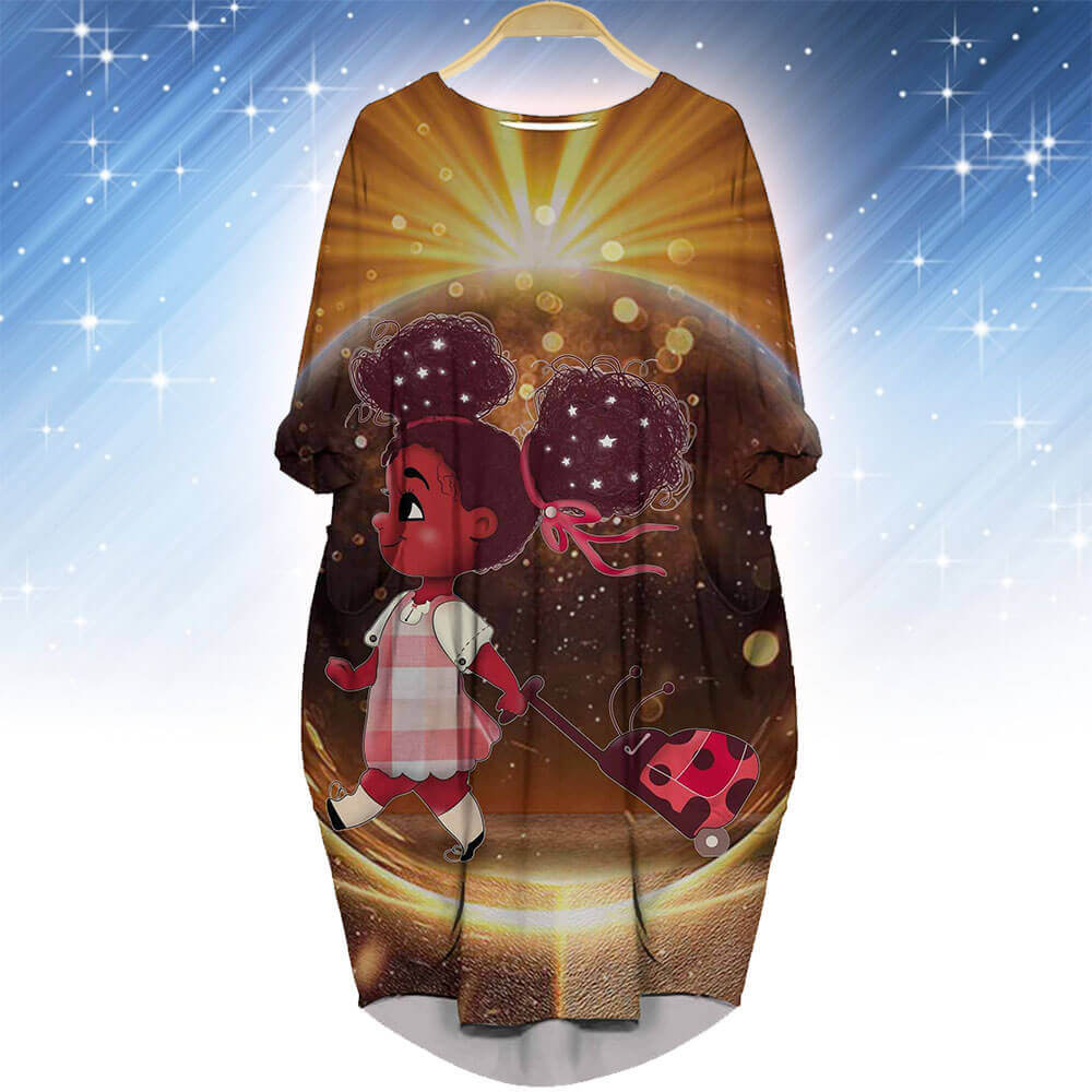 African Dresses Cute Melanin Girl Long Sleeve Pocket Dress Afrocentric Clothing WBG66063