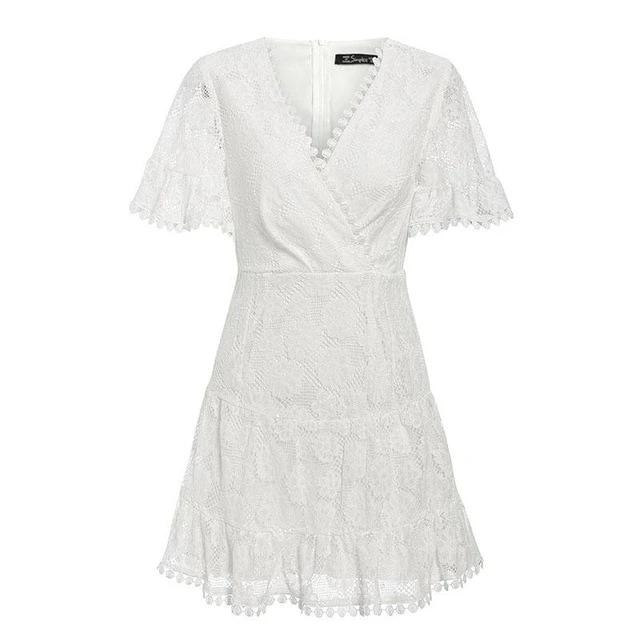 V-Neck Flower Lace Embroidery High Waist Holiday Beach Ruffled Cotton Mini Dress