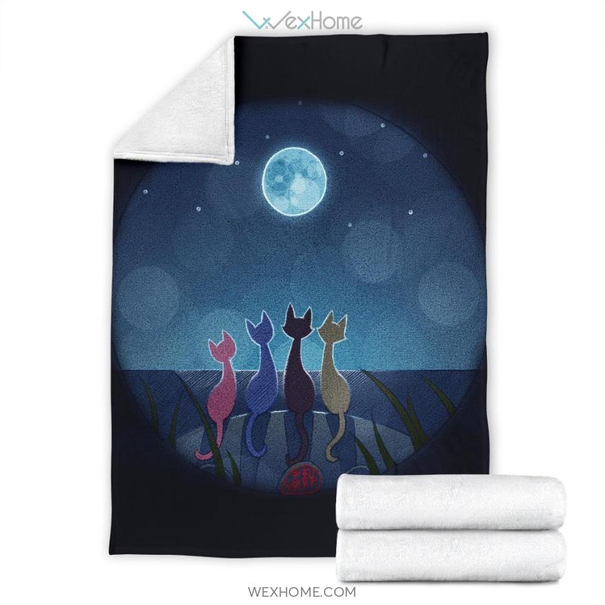 Cats And The Moon Cute Black Premium Blanket