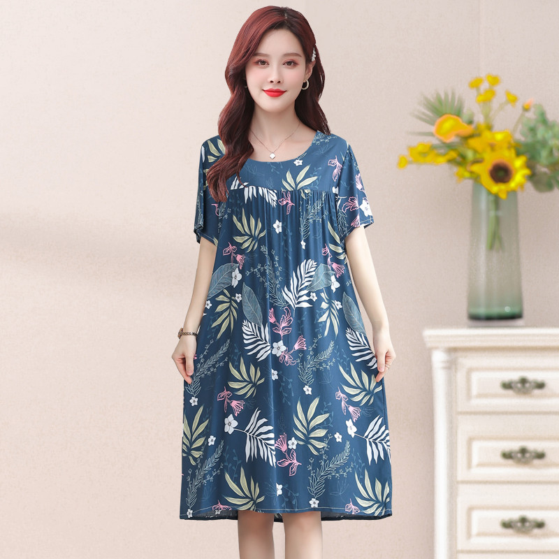 UHYTGF Cotton Silk Summer Pajamas Dress Women’s Short Sleeve Pullover Large Swing Nightdress Female Home Clothes Sleepwear 2360 alx