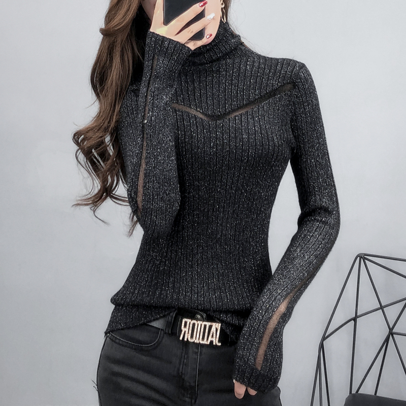 Turtleneck Sweater Slim Female Sexy Long-Sleeved Perspective Net Yarn Splicing Knitwear Bright Pull Ladies Sweaters Pullover Top alx