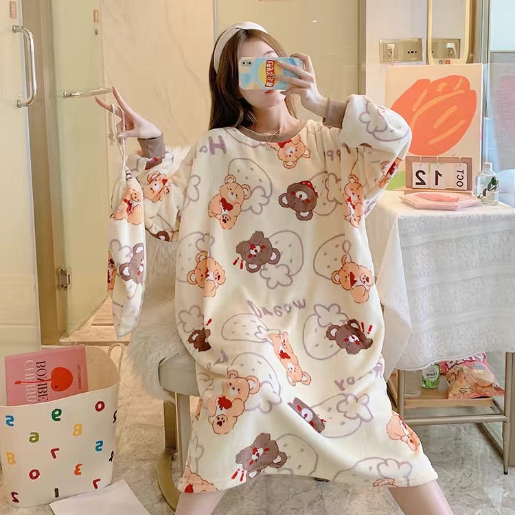 2021 oversized Nightgrown for Female Flannel Nightdress Winter Nightwear Fleece Coral Loungewear Pyjamas M-5XL with Pocket alx