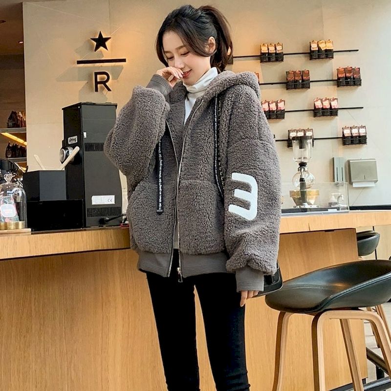 2022 New Winter Lambs Wool Hooded Coat Women Loose Hoodie Granular Fleece Plus Velvet Thick Cardigan Jacket Trend Womens Clothes alx