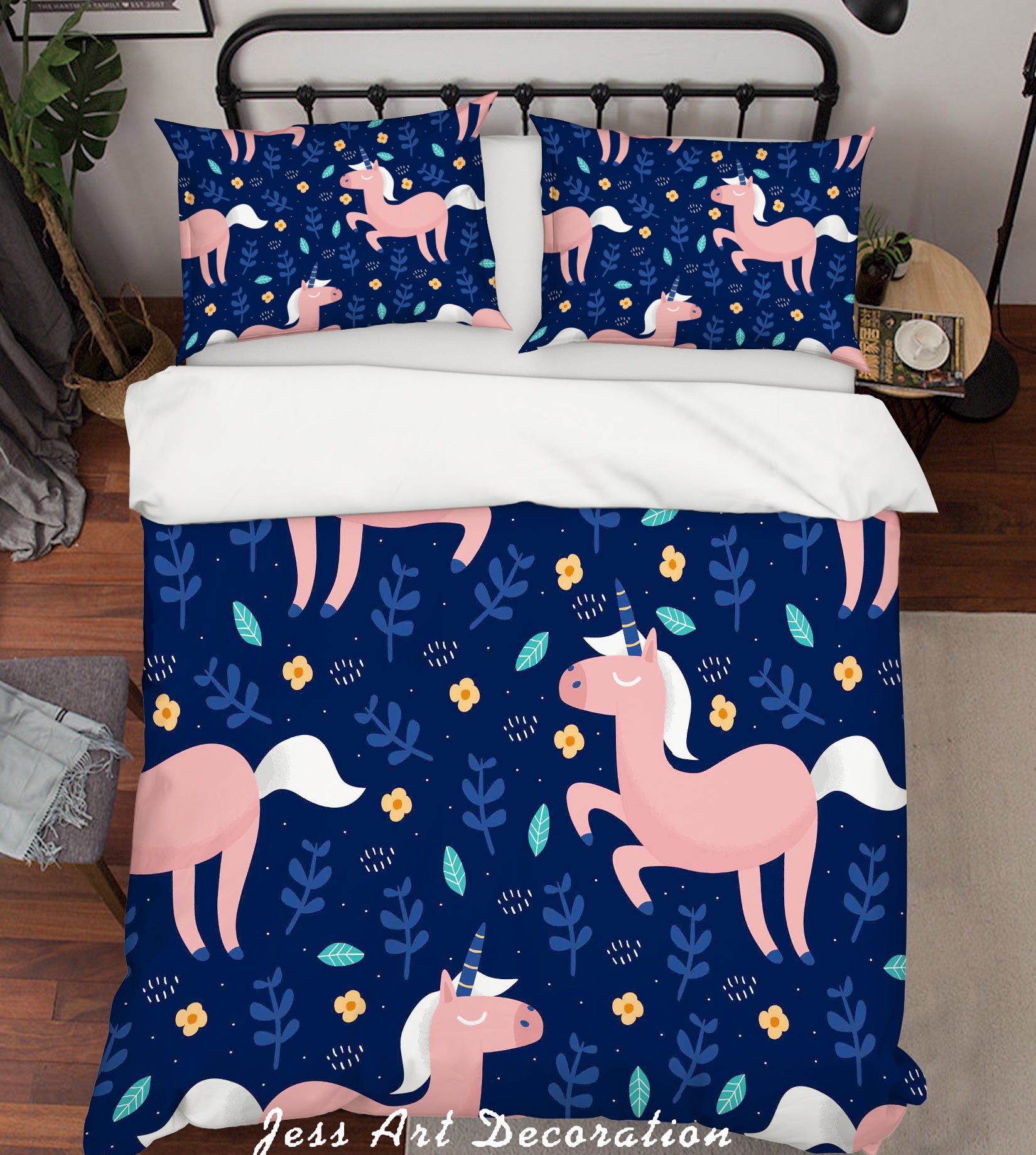 3D Blue Unicorn Floral Leaves Quilt Cover Set Bedding Set Pillowcases 79