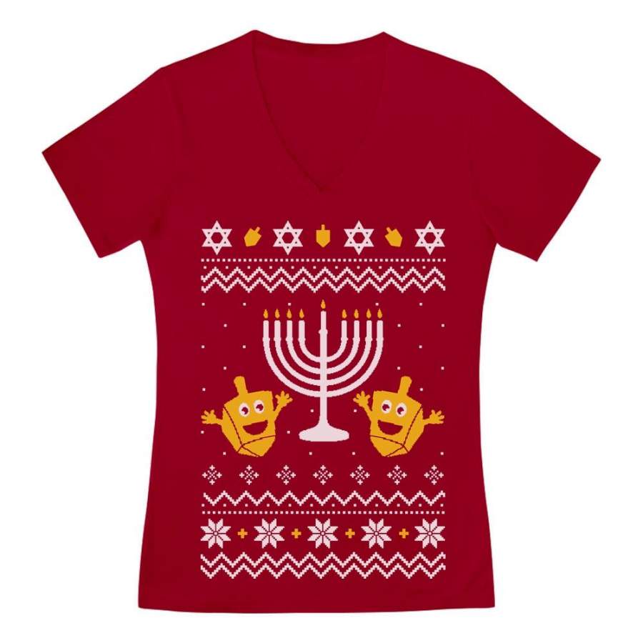 Ugly Christmas Hanukkah Sweater V-Neck Fitted Women T-Shirt