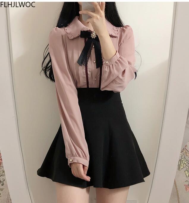 2022 Spring Women’s Cute Tops Preppy Style Vintage Japaneses Korea Design Button Elegant Formal Shirts Blouses Pink White 12020 alx