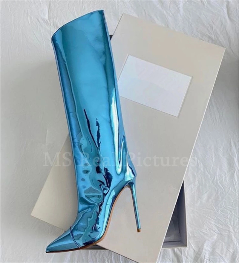 Mirror Boots Sexy Runway Stilettos Pointed Toe Women High Boots Candy Colors High Heels Shoes Side Zipper Long Botas Mujer 2022 alx