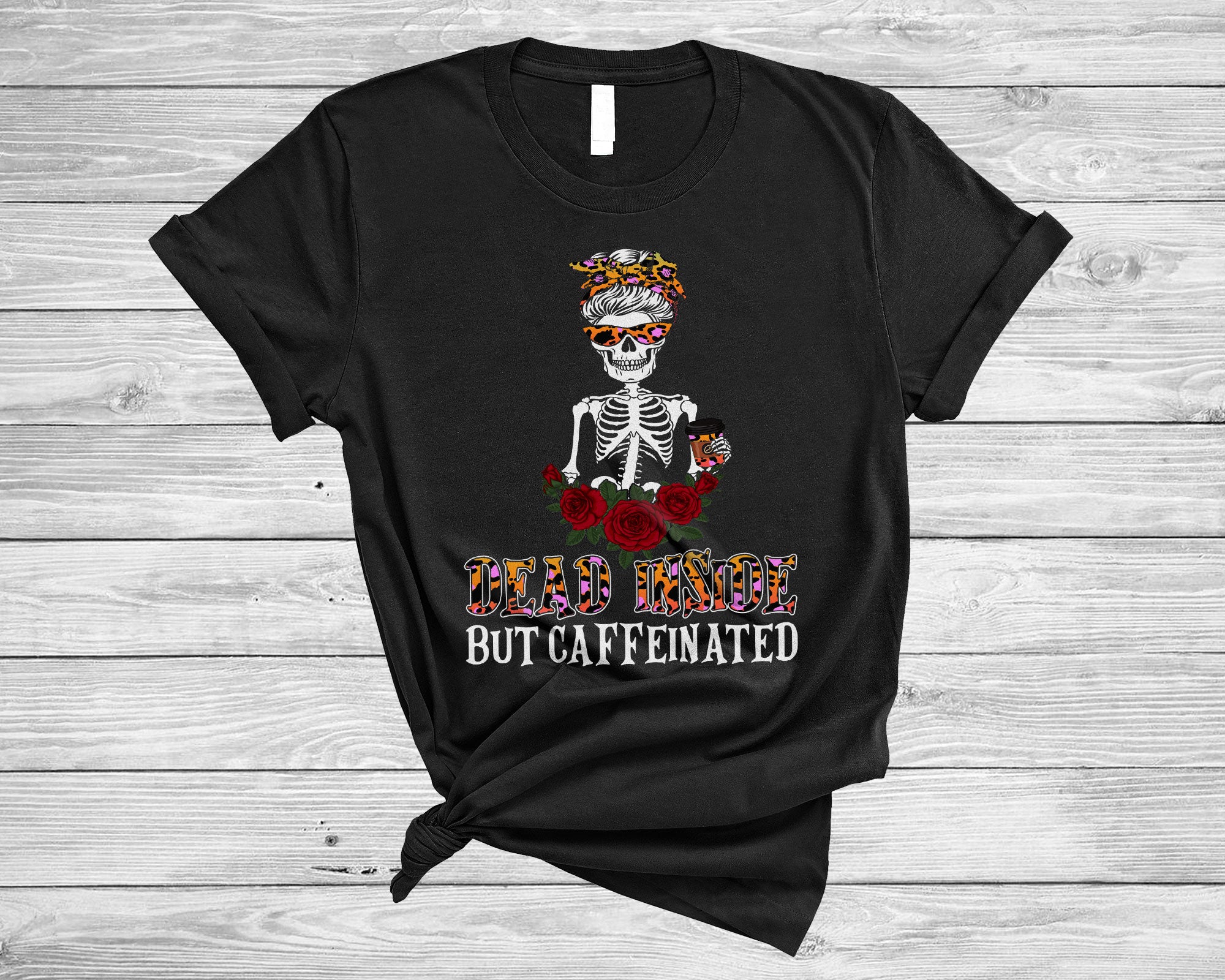 Dead Inside But Caffeinated Funny Halloween Skeleton Drinking Coffee Leopard Lover Gifts T-Shirt