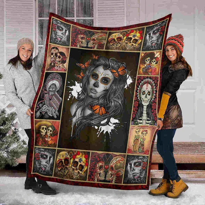 Beauty Skull Butterflies Sugar Skull Couple Halloween Multicolor Halloween Gifts 3D Print Fleece Sherpa Blanket