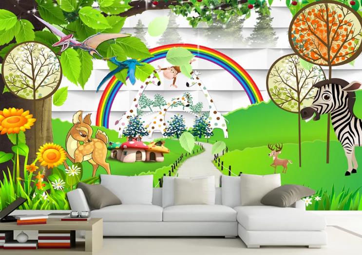 3D Hand Drawn Forest Animal Rainbow Wall Mural Wallpaper Lqh 332