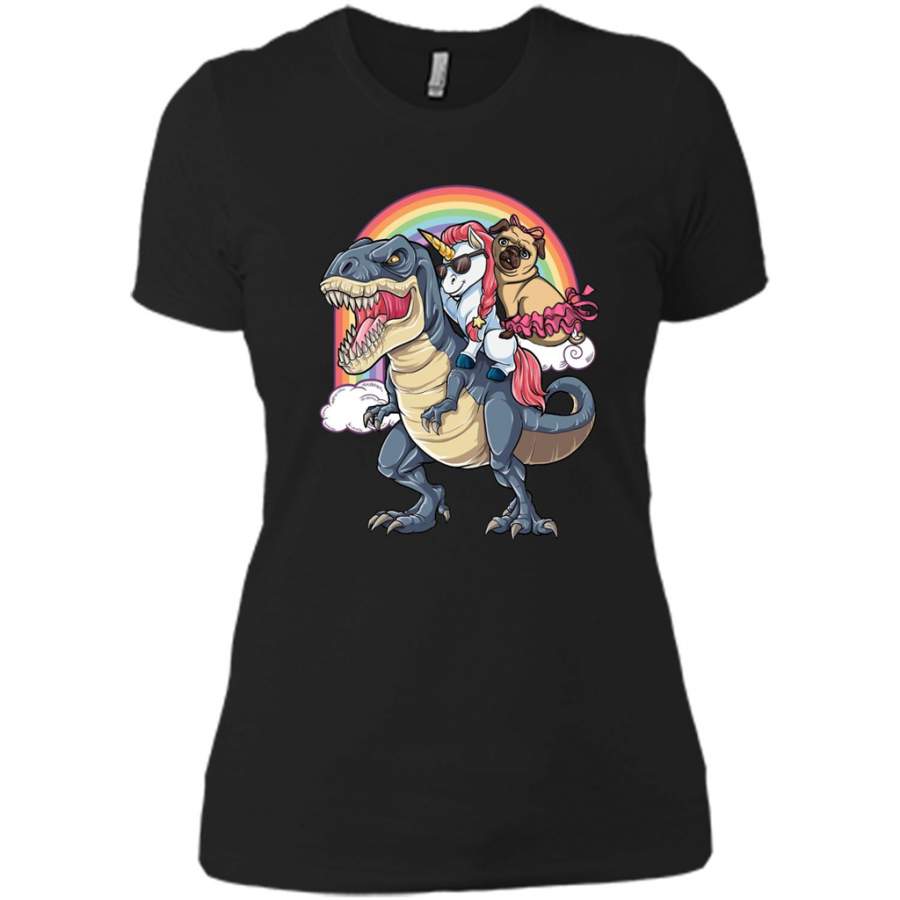 Unicorn and Pit Pug Dog Riding Dinosaur Rainbow – District Made Ladies Shirt