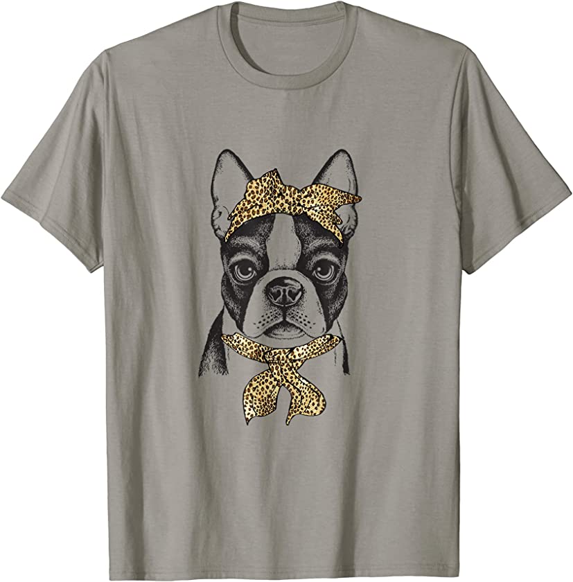 Cute Boston Terrier Mom Leopard Dog Bandana Mother Day Women T-Shirt