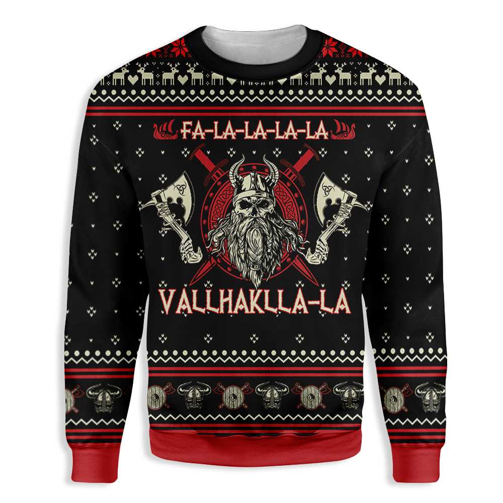 Viking Valhalla Falalala Christmas Ugly Sweater Pattern All Over Print Sweatshirt, Christmas Odin Viking Sweatshirt