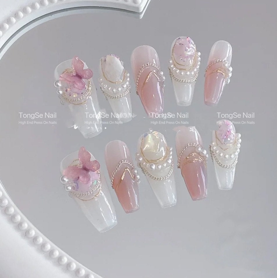 Ivory Pearl/ Chain/ pink Butterfly Press On Nails/ Ivory Elegant Nails/ Wedding Nail/ Princess Nail #80