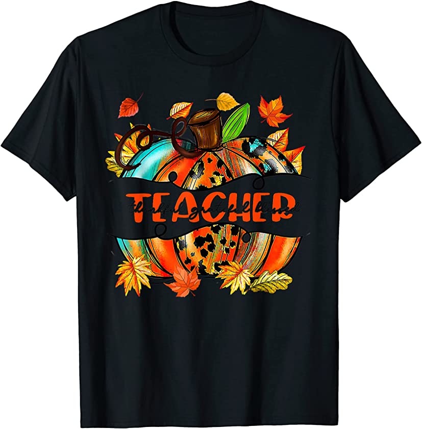 Thanksgiving Thankful Grateful Blessed Plaid Leopard Pumpkin T-Shirt