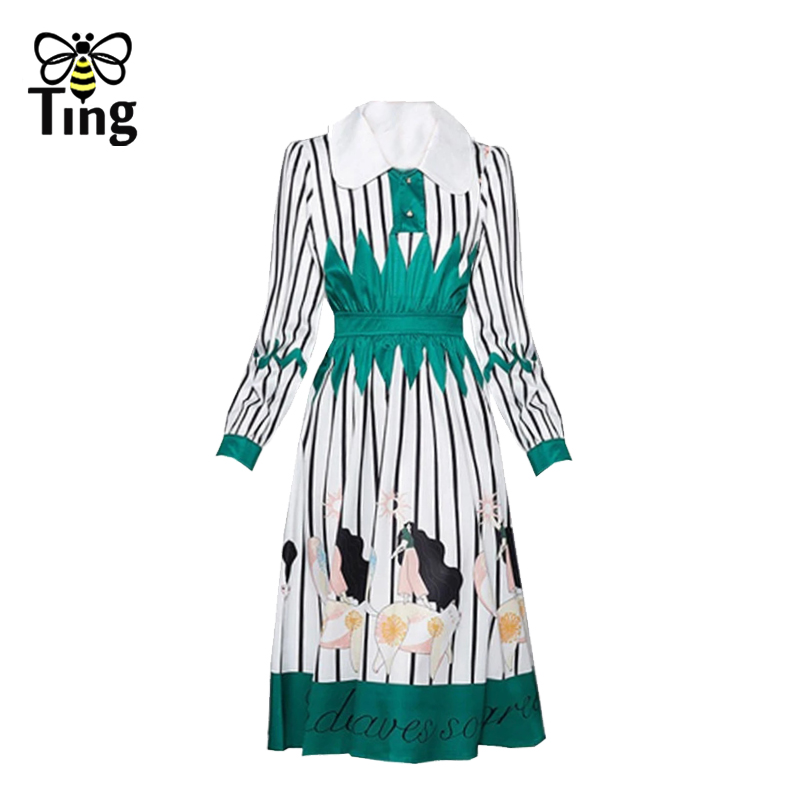 Tingfly Vintage Elegant 2022 Spring Fashion Striped Green Floral Midi Long A Line Party Dinner Dresses Casual Lady Robes Traf Za alx