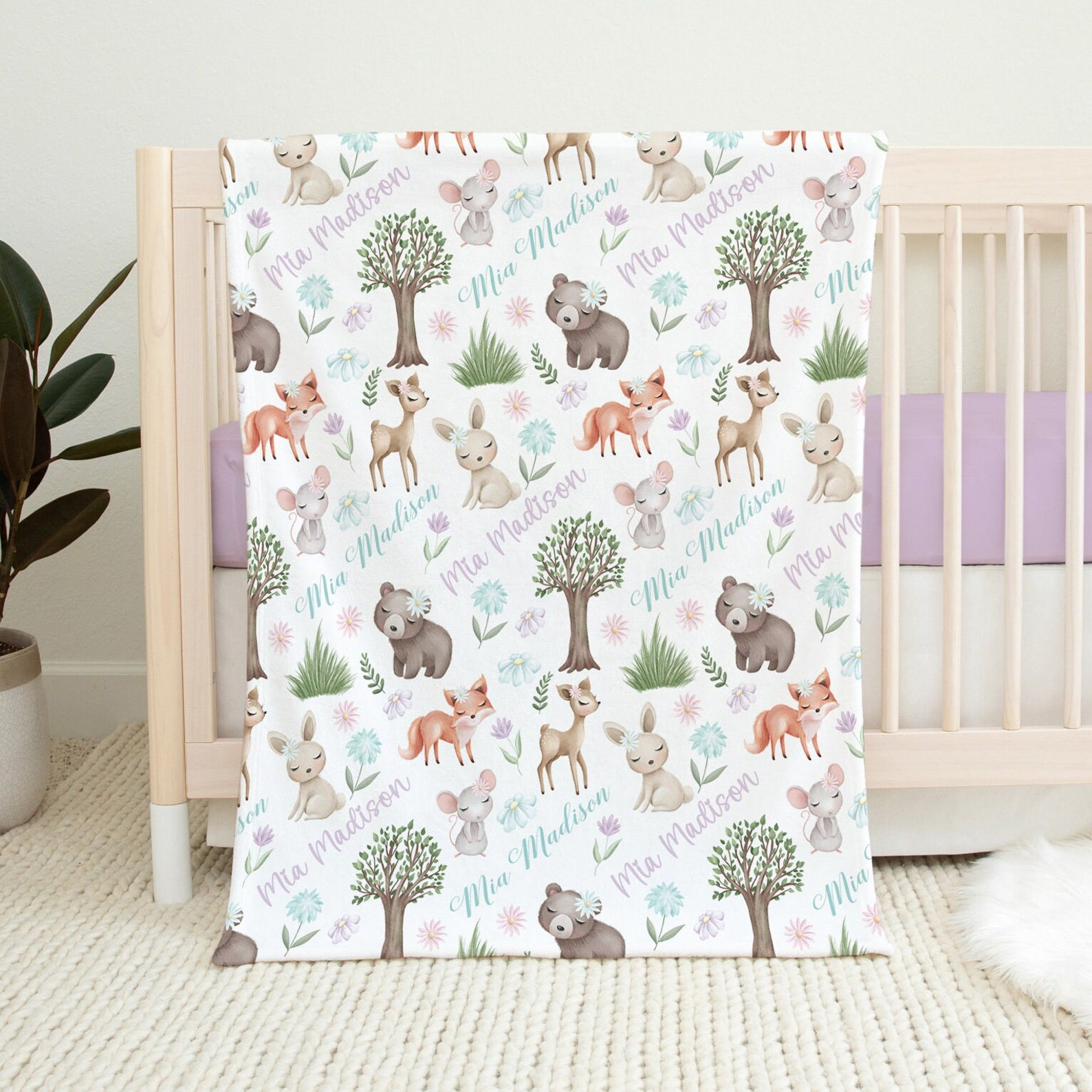 Woodland Animals Baby Girl Personalized Name Blanket, Deer Fox Rabbit, Newborn Girl Woodland Swaddle Blanket, Baby Name Pattern Blanket Girl