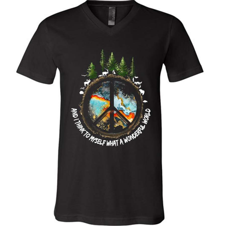 And I Think To Myself What A Wonderful World, Safe The World, Animal and Tree, Peace Sign – Canvas Unisex V-Neck Shirt