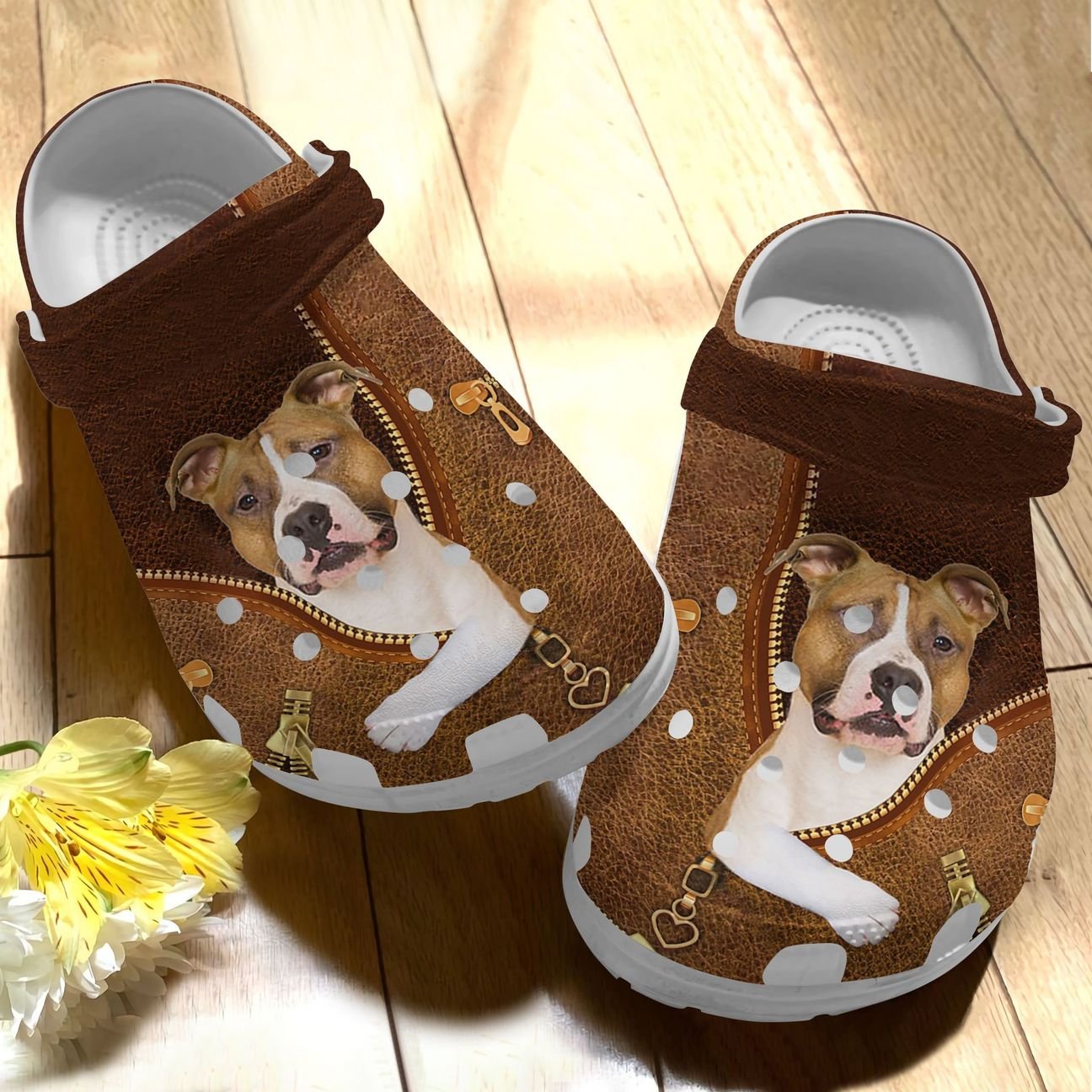 Staffordshire Terrier Personalize Clog, Custom Name, Text, Fashion Style For Women, Men, Kid, Print 3D Whitesole Leather Zipper