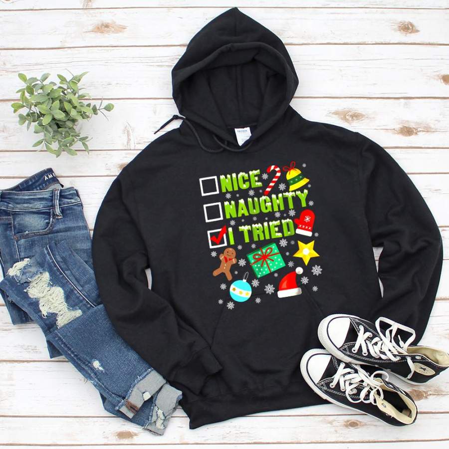 Christmas nice naughty i tried funny bells candy cane ornament star gift snow black hoodie for men and women S-5XL