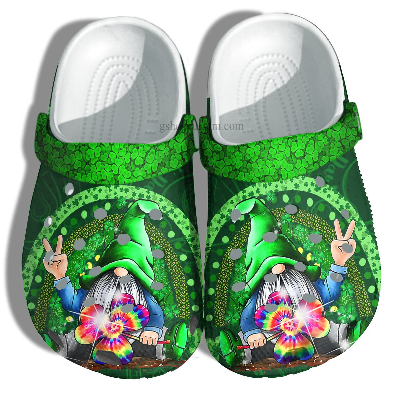 Hippie Gnomie Clover Leaf Green Lucky Crocs Shoes – Clover Lucky Shoes Clogs Gifts For Mother Day – Cr-Ne0002