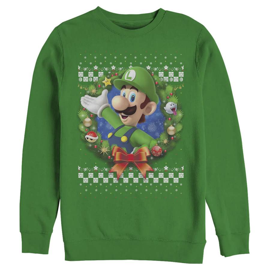 Nintendo Men’s Christmas Luigi Wreath  Sweatshirt