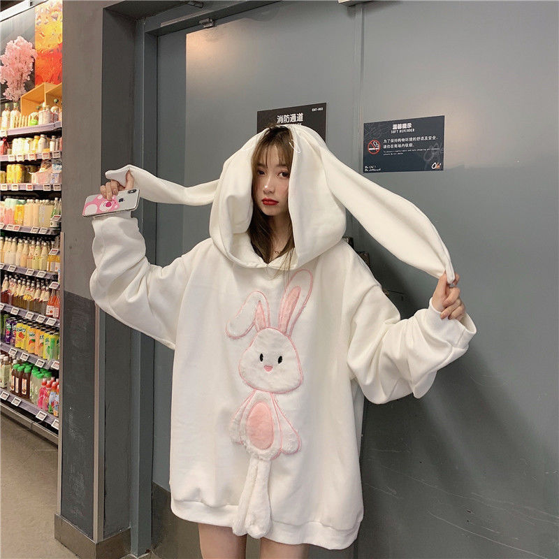 Deeptwon Bunny Hoodie Women Kawaii Pink Korean Rabbit Sweatshirt 2022 Embroidery Pullover Loose Long Sleeve Plus Size Cute Tops alx