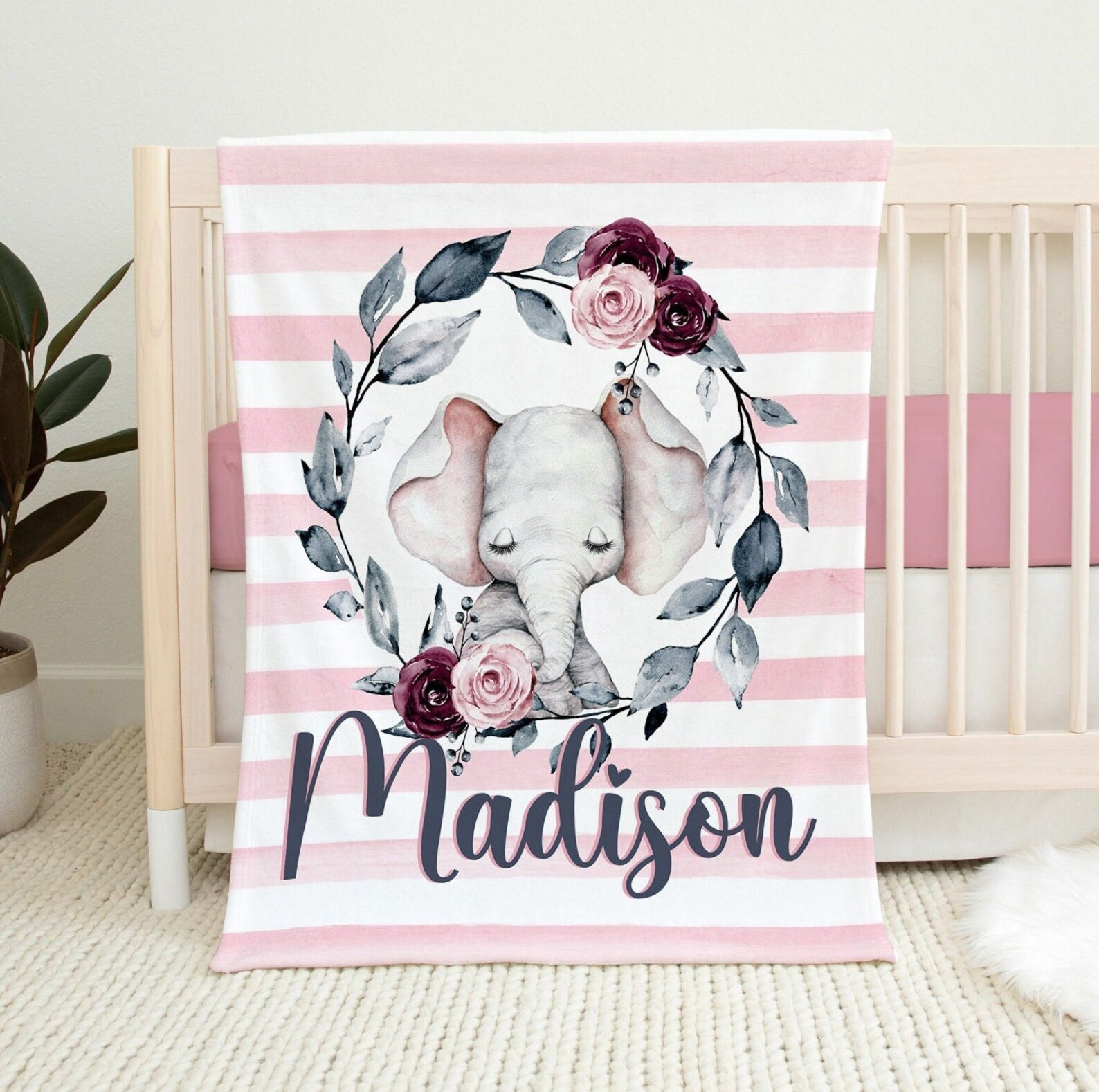 Pink Floral Elephant Blanket, Custom Baby Name Blanket, Personalized Baby Girl Blanket, Personalized Baby Gift, Baby Girl Elephant Blanket