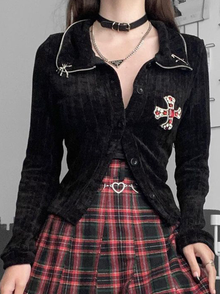 AltGoth Vintage Y2k Gothic Cardigan Women Streetwear Emo Alternative Dark Academia Mall Goth Cross Rhinestone Knitted Sweater alx