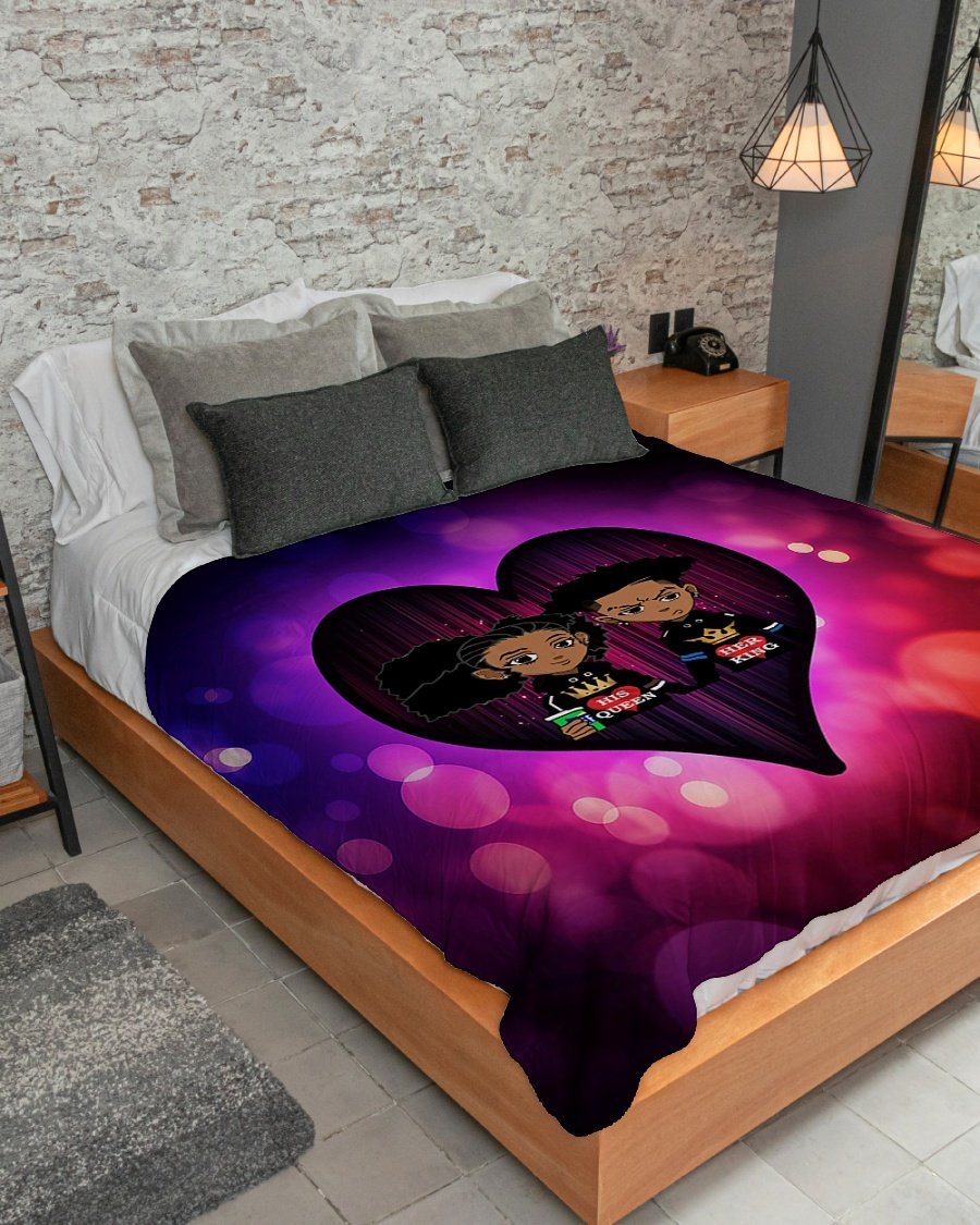 Black Young Couple Art – His Queen Her King Personalized Custom Name Date Sherpa Fleece Blanket Print 3D, Unisex, Kid, Adult