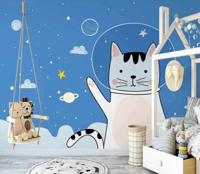 3D Cartoon Space Cat Animal Astronaut Star Planet Wall Mural Wallpaper Lxl