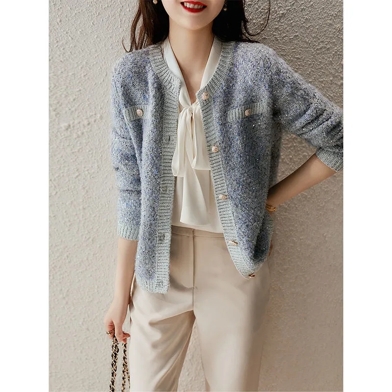 Chic Women Bling Bling Knitted Cardigan Autumn Spring Fine Sequins Design High Quality Lady Sweater Coat Elegant Vintage Jacket alx