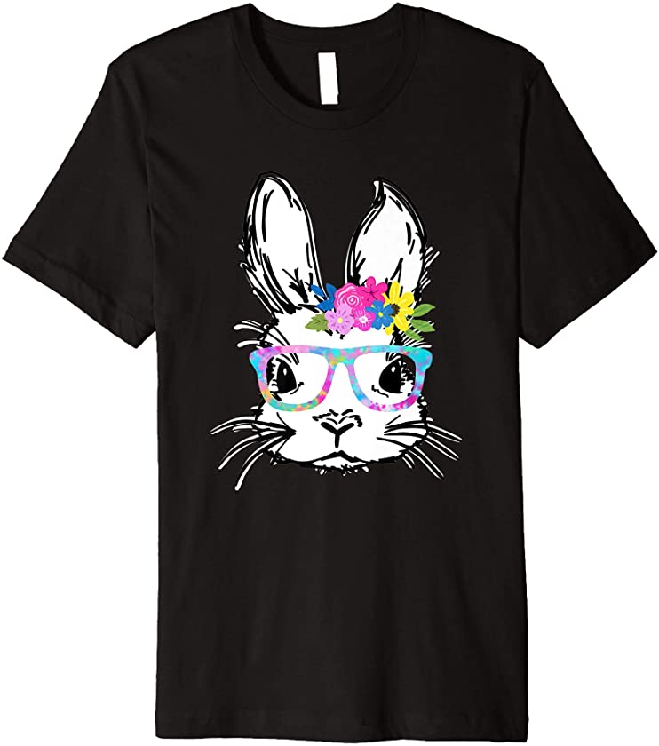 Cute Bunny Face Rainbow Glasses Flowers EASTER Gift Premium T-Shirt