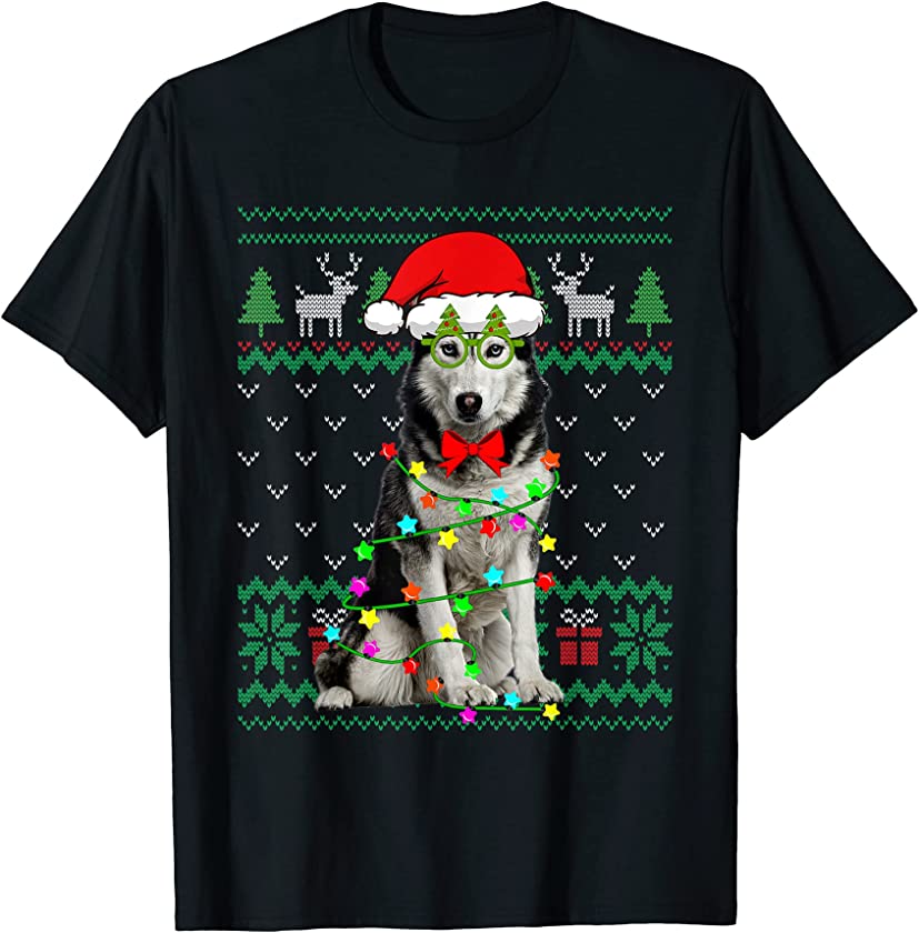 Ugly Sweater Christmas Lights Siberian Husky Dog Puppy Lover T-Shirt