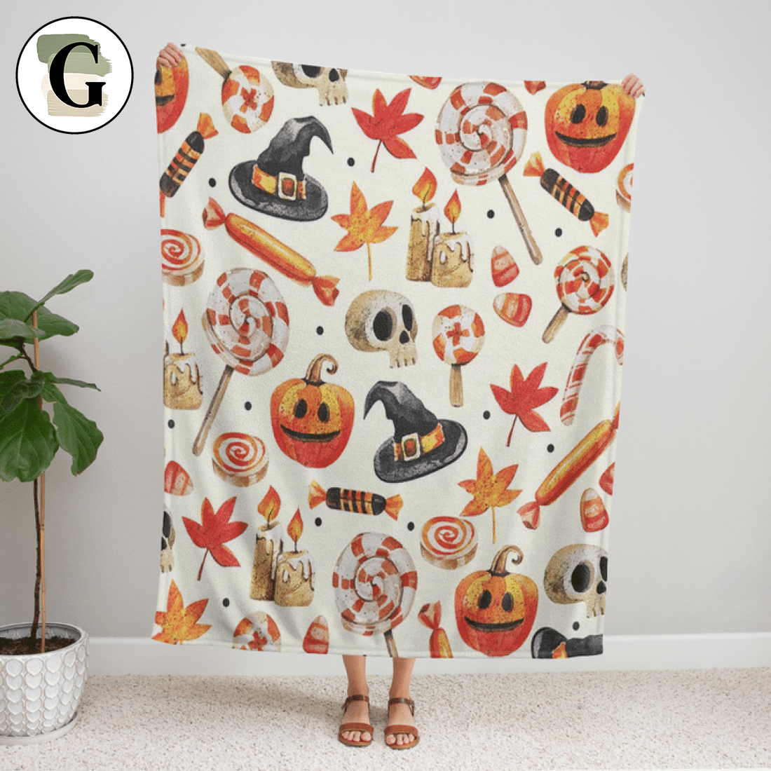 Witch Hat With Candy Skull Halloween Gift Fleece Sherpa Blanket