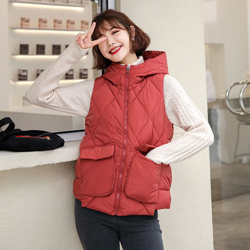 2021 Women’s Winter Short Vest Solid Korean Style Sleeveless Hooded Thick Jacket Female Cotton Padded Casual Outwear alx