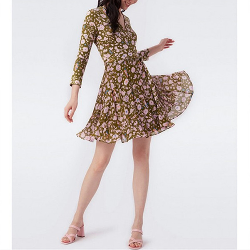 Women One Piece Wrap Dress Floral Print V-neck Lace-up Female Casual Robe Summer 2022 alx