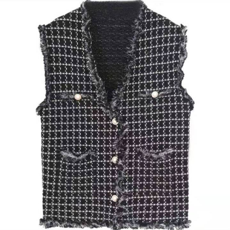 Autumn Winter 2022 Vintage Elegant Tweed Vest Women Loose Casual French Style Chic Waistcoat Women All Match Warm Jackets alx