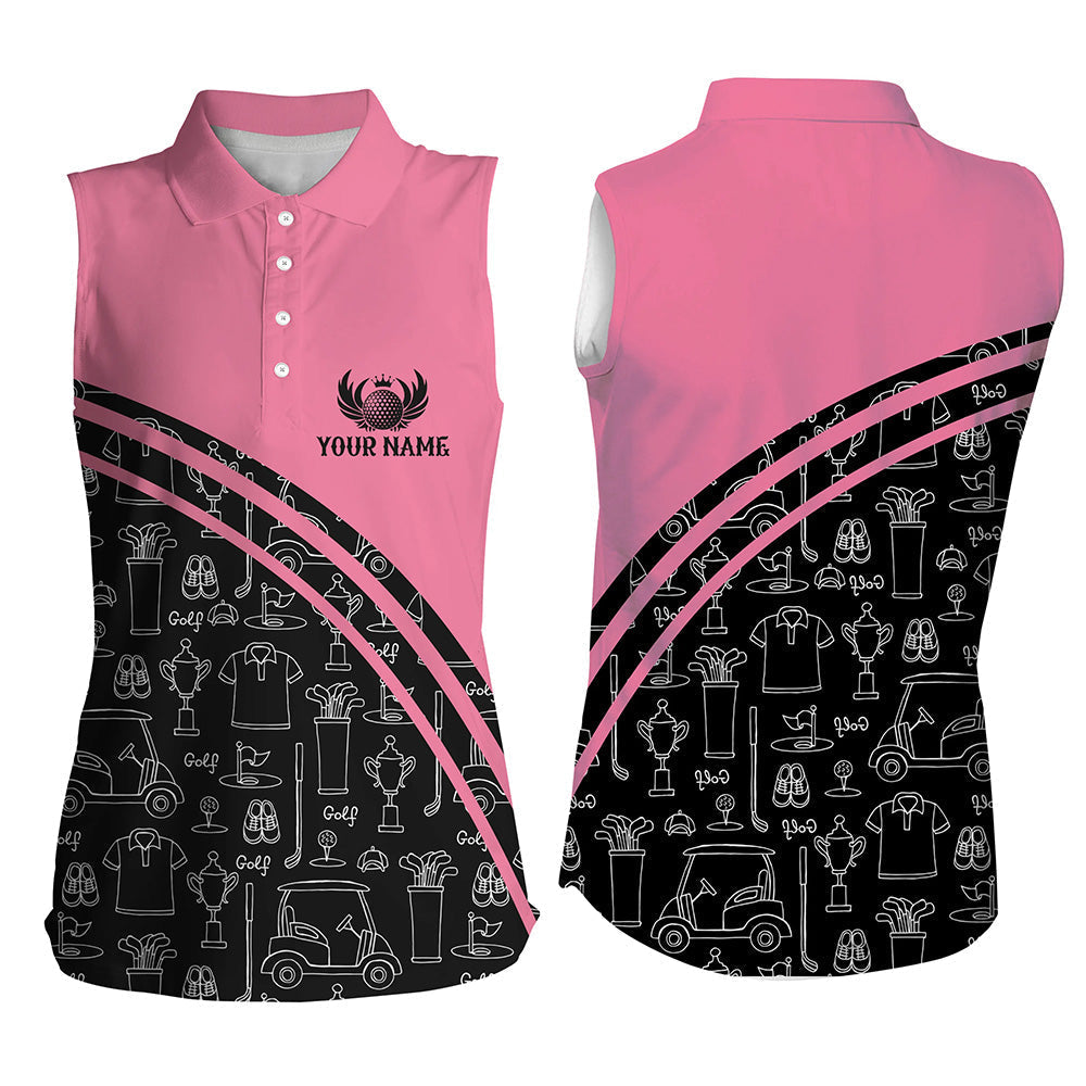 Womens Sleeveless Polo Shirt Custom Black Pattern Short Sleeve Golf Shirts, Golf Gift For Her