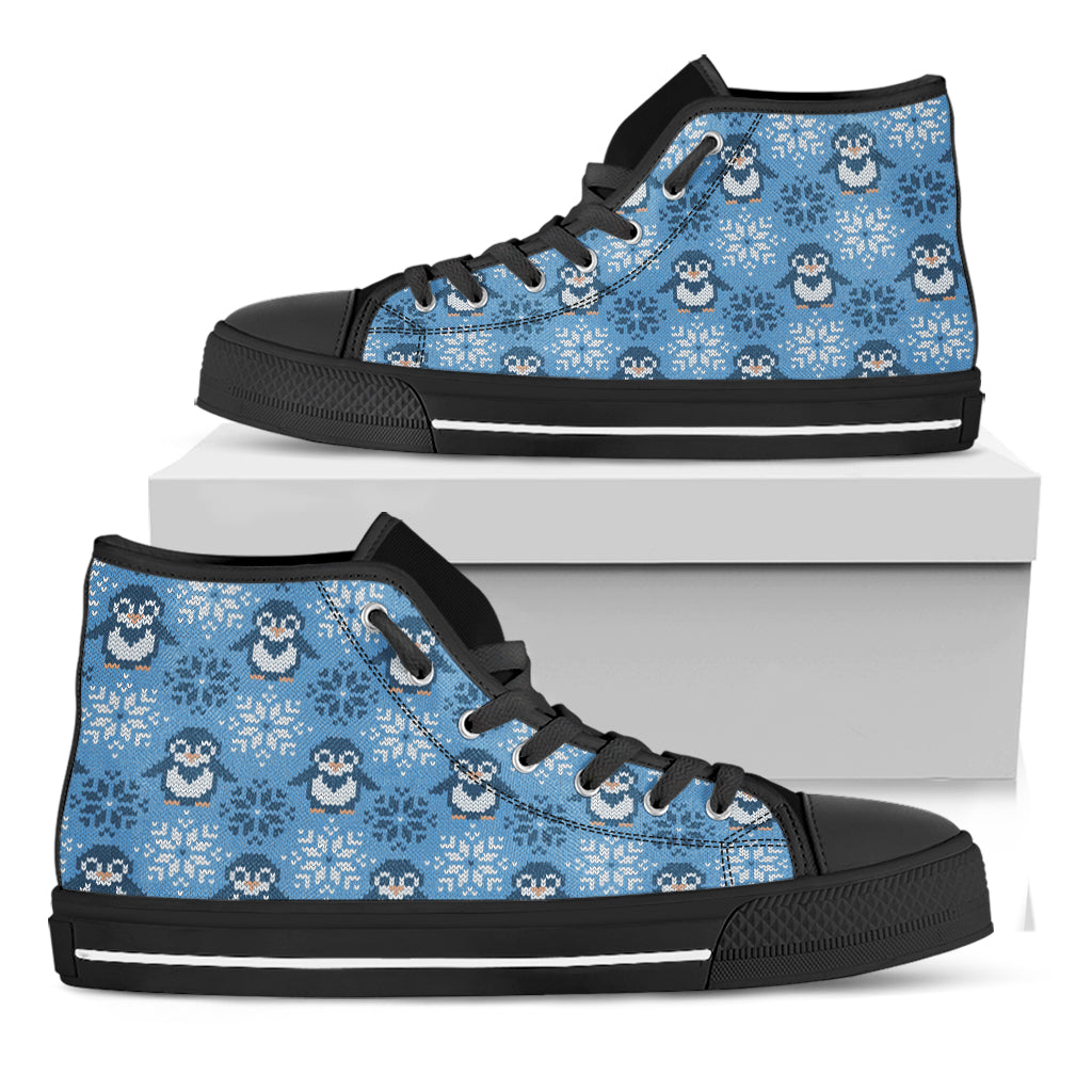 Snowy Penguin Knitted Pattern Print Black High Top Shoes