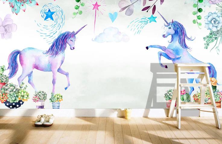 3D Hand Drawn Animal Unicorn Succulents Wall Mural Wallpaper Lqh 417