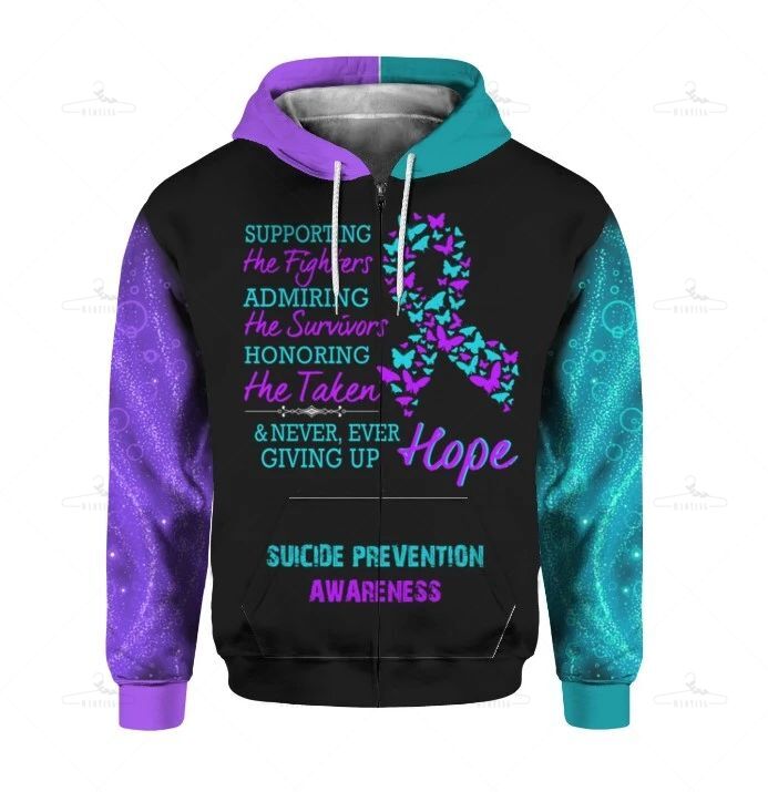 Suicide Prevention Awareness Hoodie Full Print : Supporting The Fighters, Faith Hope Love