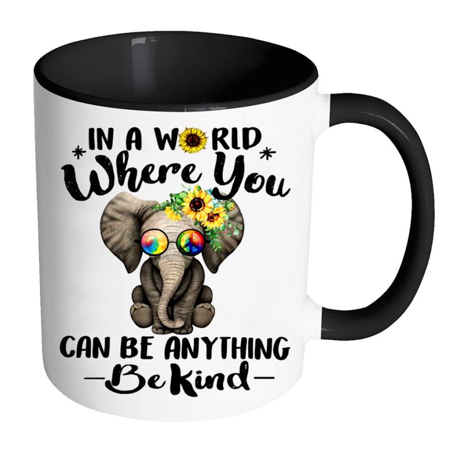 In A World Where You Can Be Anything Be Kind Floral Elephant ,Hippie Peace sign – Full-Wrap Coffee Colors Accent Mug